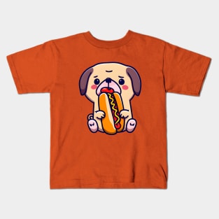 Cute Pug Dog Eating a Hot Dog - Kawaii Pug - Fun Puppy - Look at Those Eyes Kids T-Shirt